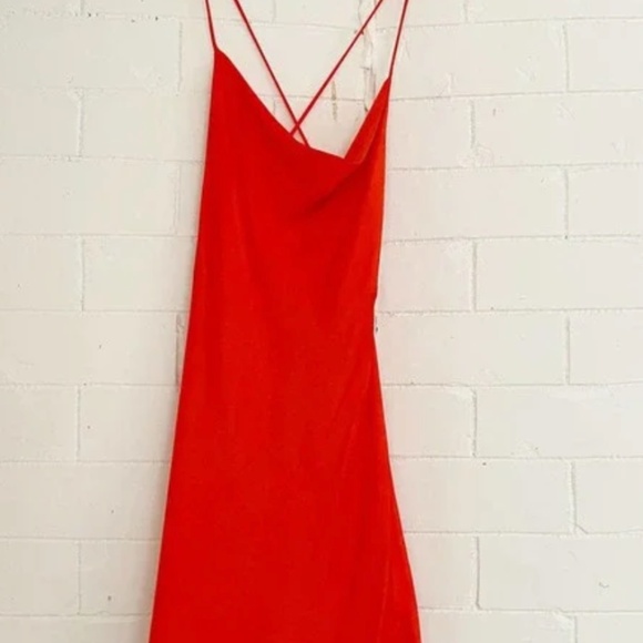 ZARA Satin Cowl Strappy Mini Dress Red Orange Small S - Picture 2 of 6